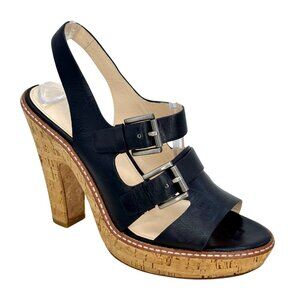 Coach Black Katee Leather Double Buckle Straps Cork Platform Heels Size 9.5B